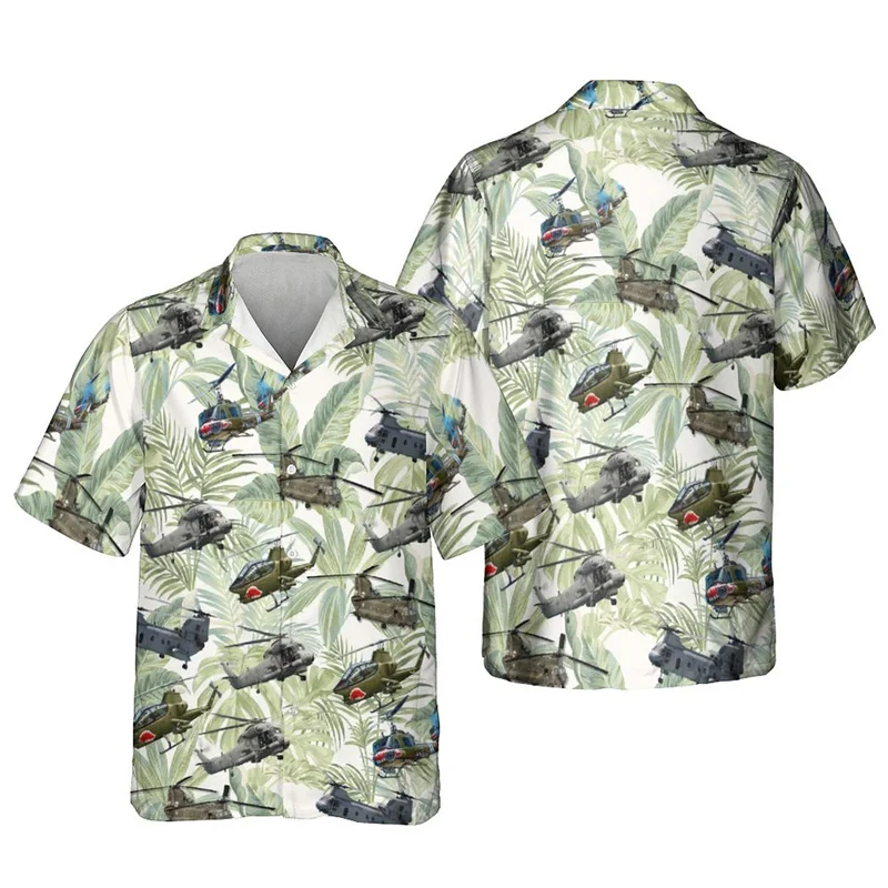 Fashion 3D Printed Plane Hawaiian Shirt Men Fighter Aircraft Helicopters Graphic Beach Blouse Palm Tree Short Sleeve Clothes