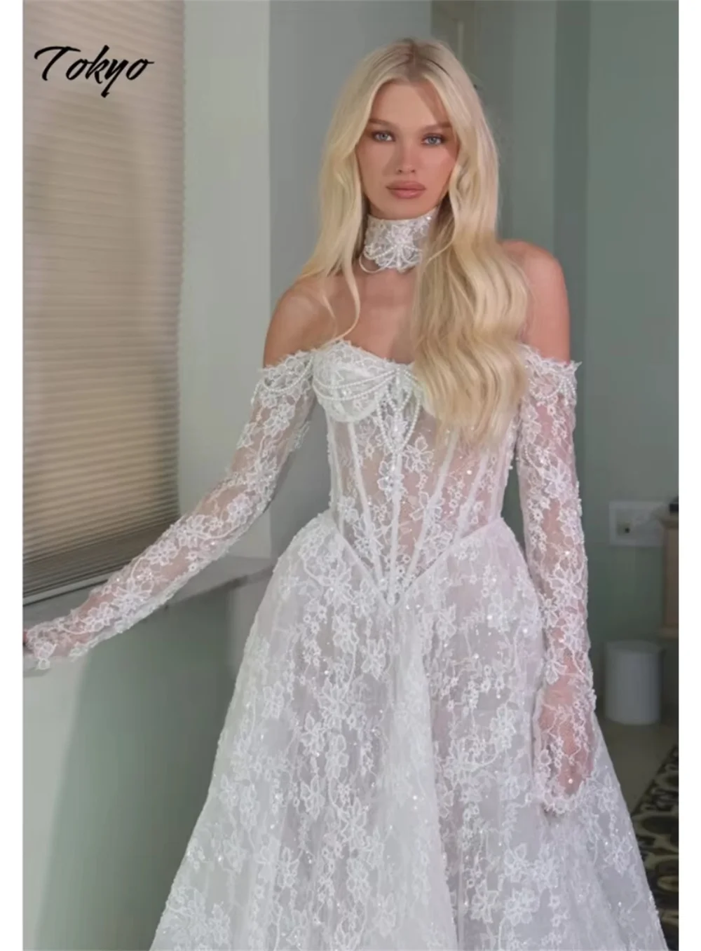 Gaun Pengantin Bahu Terbuka Putih Kustom Tokyo Gaun Pengantin Renda A-Line Lengan Panjang Kerudung Pengantin Panjang Lantai Elegan