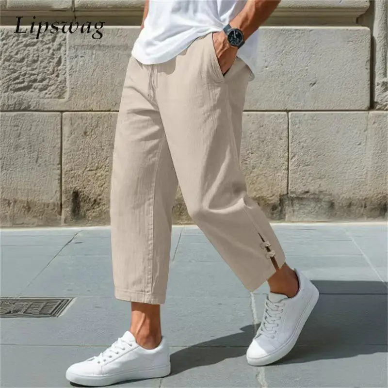 

Мужские повседневные льняные брюки Свободные брюки с боковыми разрезами Укороченные брюки Удобная дышащая подошва для осенней повседневной носки