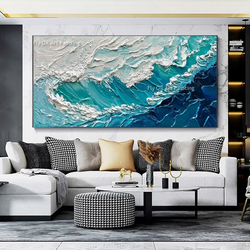 Hand Painted Modern Artwork Large Blue White Seascape Knife Thick Oil Painting On Canvas Abstract White Seawaves Wall Decor