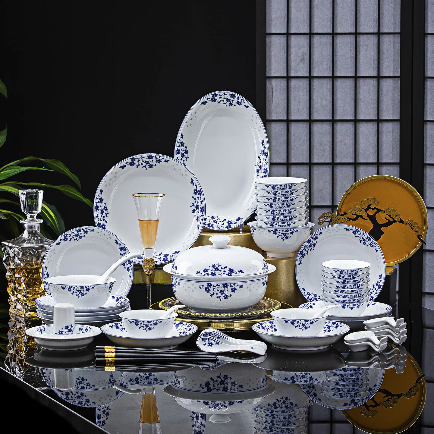 HYS high-end white porcelain dishes, high-end blue and white exquisite porcelain high-end tableware set, wedding housewarming