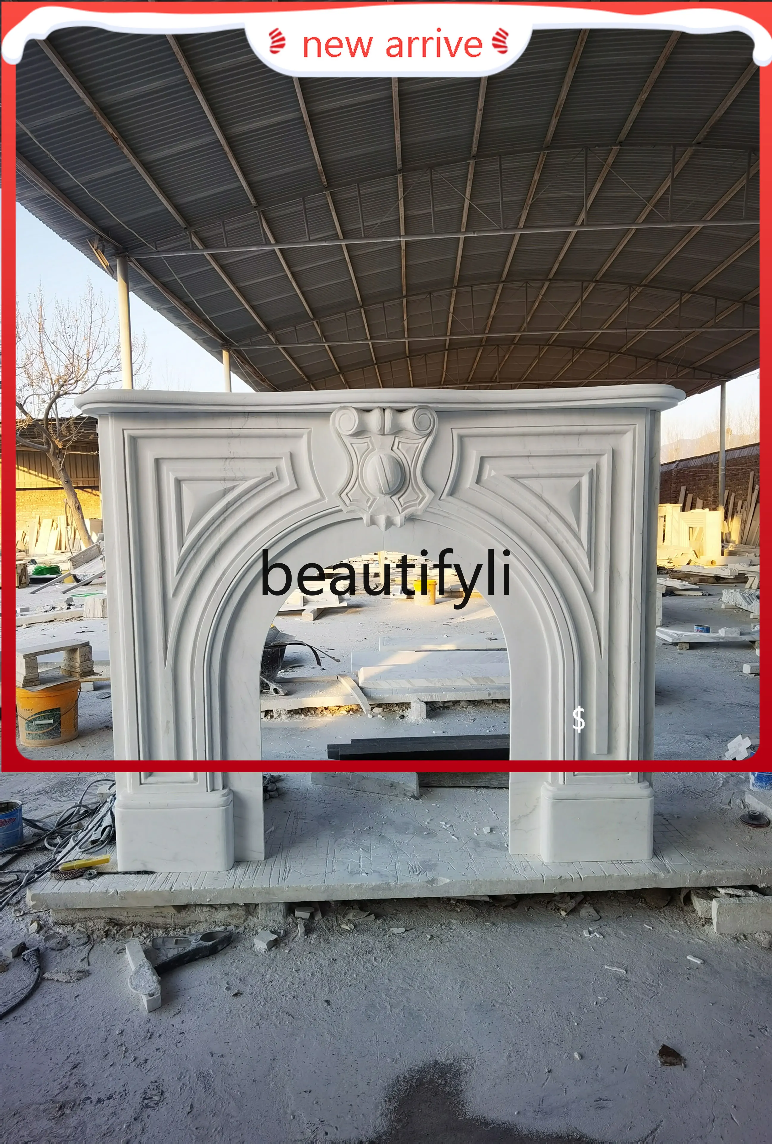 D88 European carved arched living room stone fireplace decorative cabinet French background wall light luxury storage cabinet