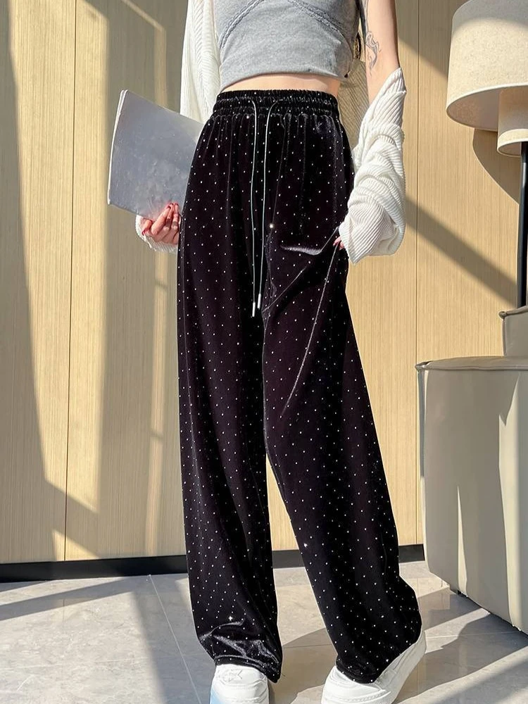 Women High Waist Wide Leg Velvet Pants Starry Sweatpants Autumn Loose Drape Straight Casual Trousers Y2k Streetwear