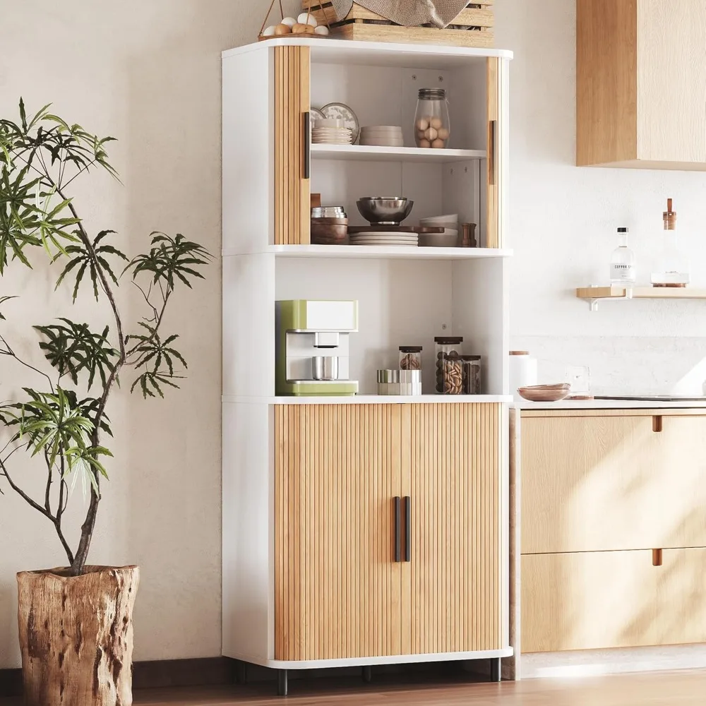 

Wooden Pantry, 70.8 Tall Fluted Kitchen Pantry Cabinet with Sliding Door and Shelves, Build-in Design, Kitchen Cabinet