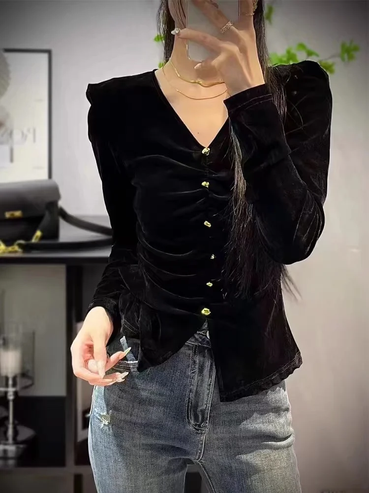 Slim Fit Long Sleeve V-Neck Red Velvet T-Shirt Women's Fashion Autumn New Style Euro Style Folded Hemline Korean Style Commute