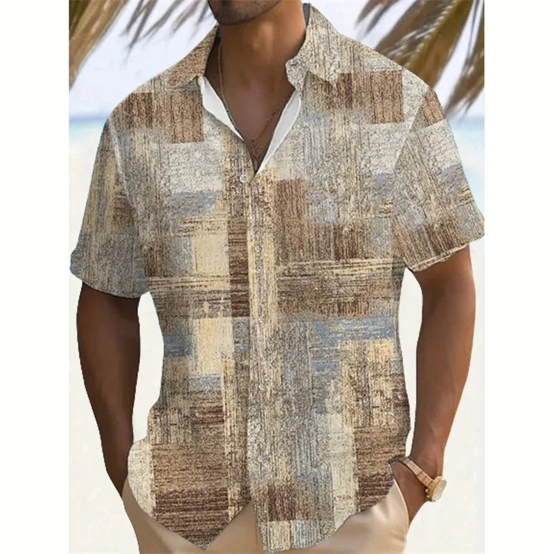 Retro Plaid Pattern Hawaiian Shirt Men Splicing 3D Printed Blouse Short Sleeve Streetwear Unisex Loose Lapel Tops Aloha Shirts