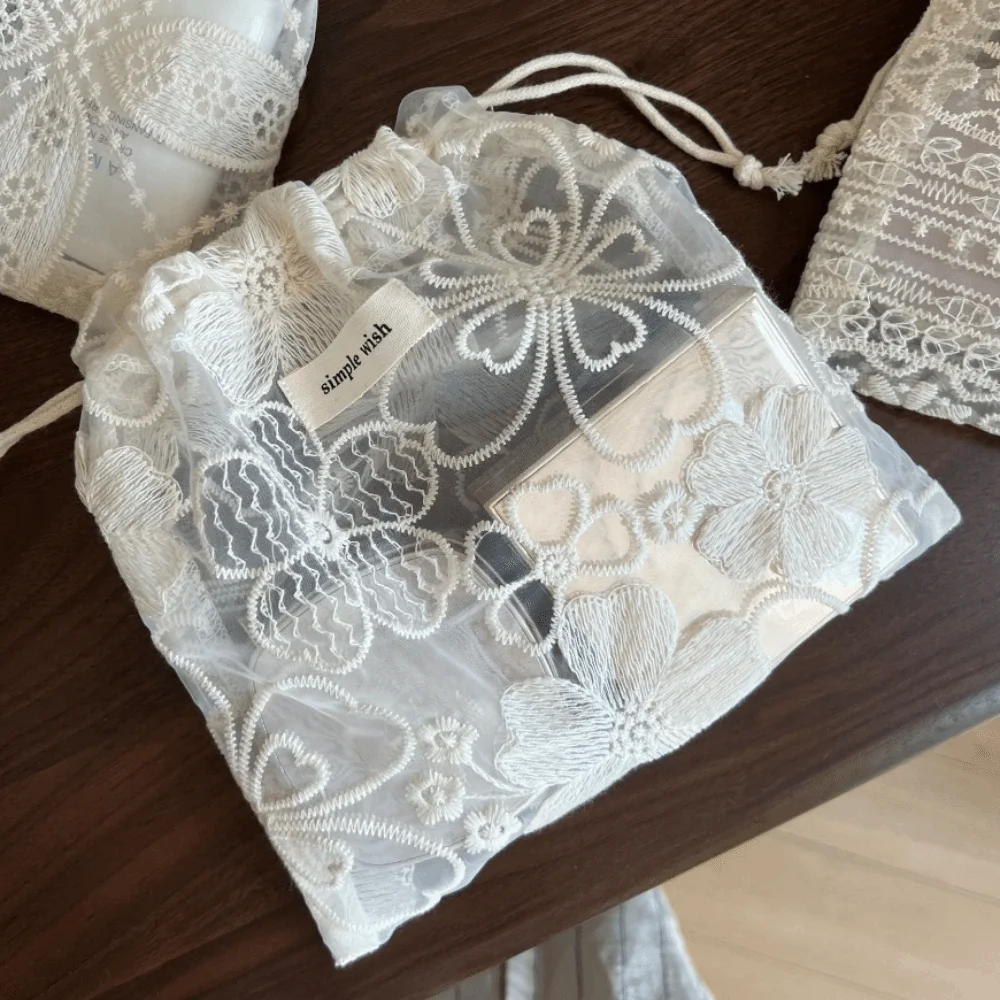Portable Embroidery Flower Drawstring Pouch Retro Hollow Out Cute String Bags Practical Lightweight Jewelry Storage Bag