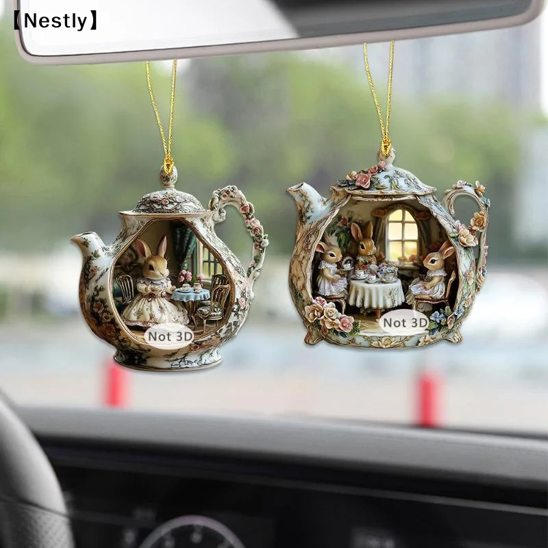 Easter Home Decor Items Rabbit In Teacup Warm Home 2d Acrylic Pendant Backpack Pendant Car〔Nest〕