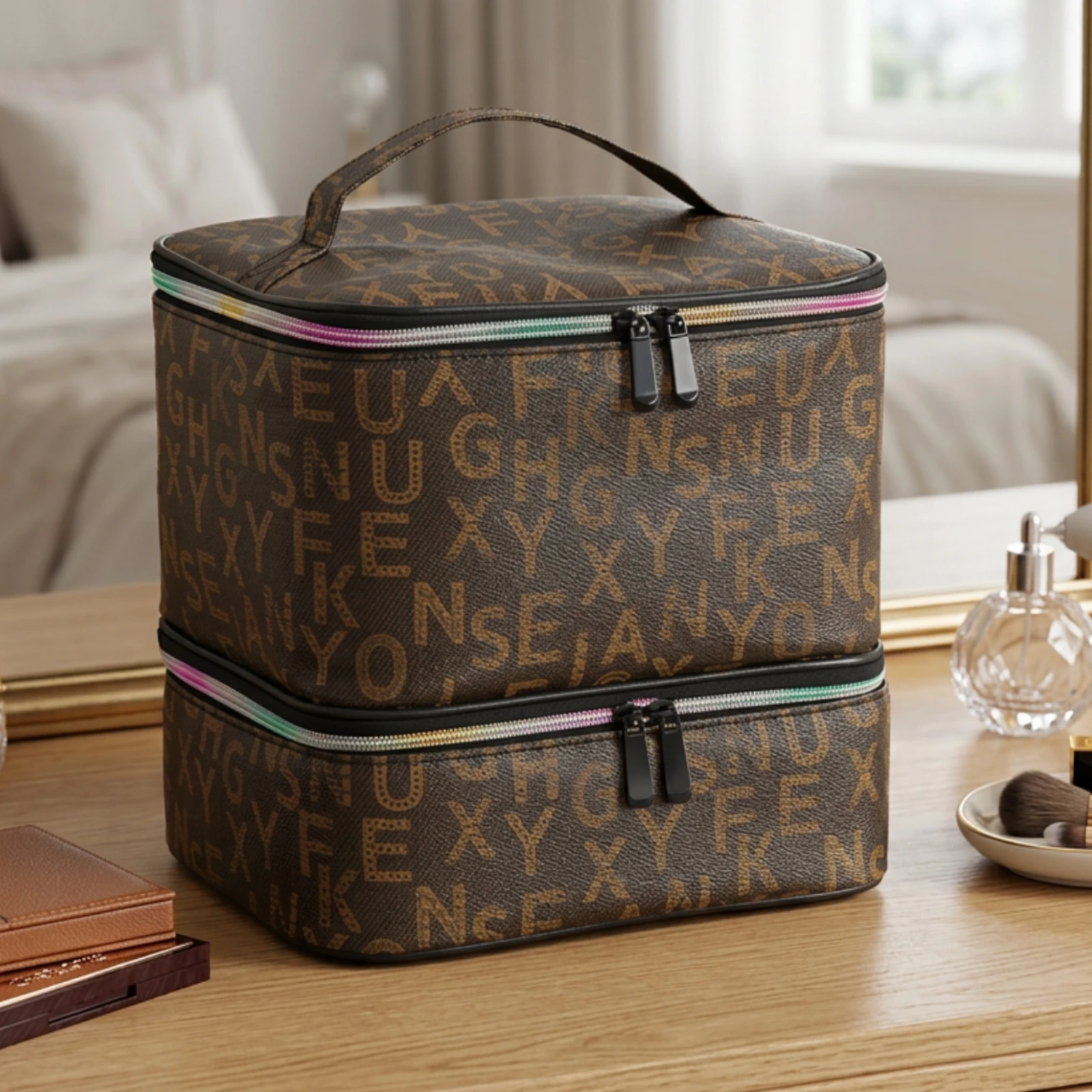 Two-Tier Makeup Bag Structured Cosmetic Storage Bag with Handle Travel Cosmetic Organizer Boxy Zippered for Travelers, Bathroom