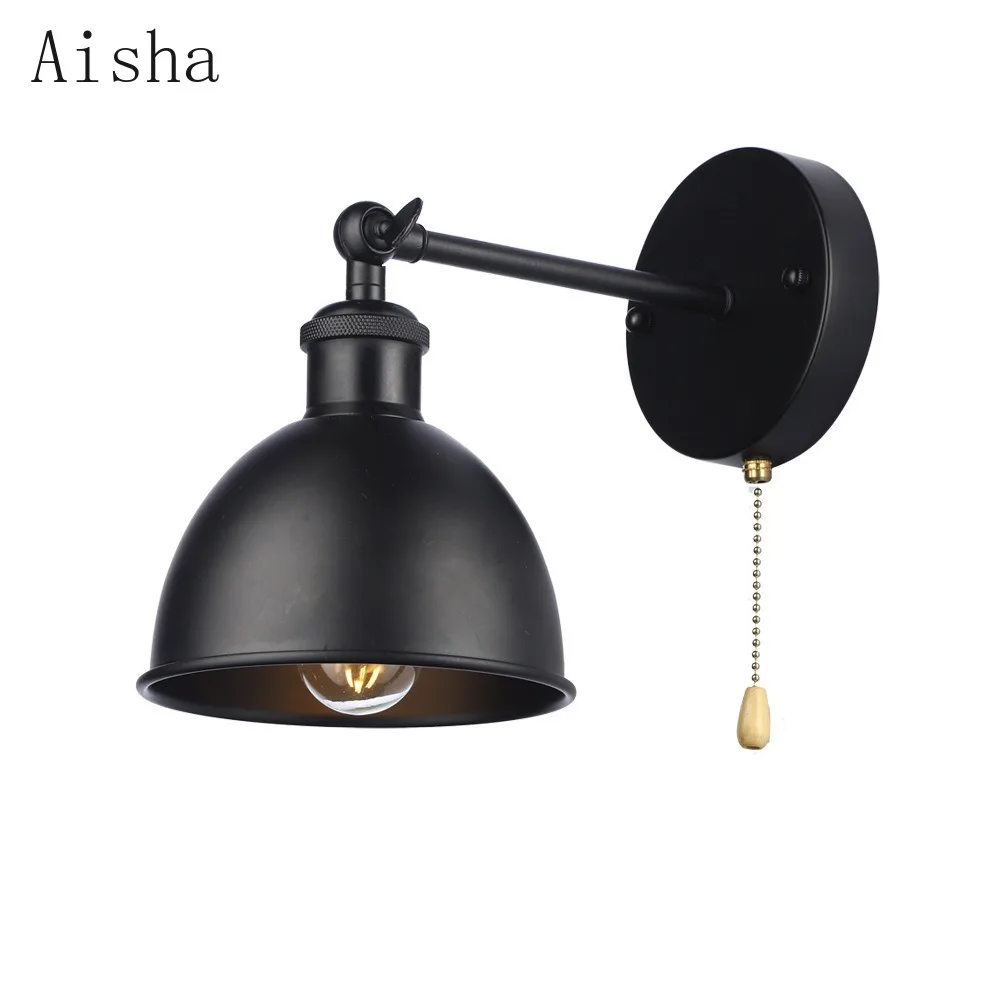 Industrial Style Swing Arm Wall Lamp Hotel Bedroom Bedside Sconces Black Semi-circular Iron with Zipper Wall Decoration Fixture