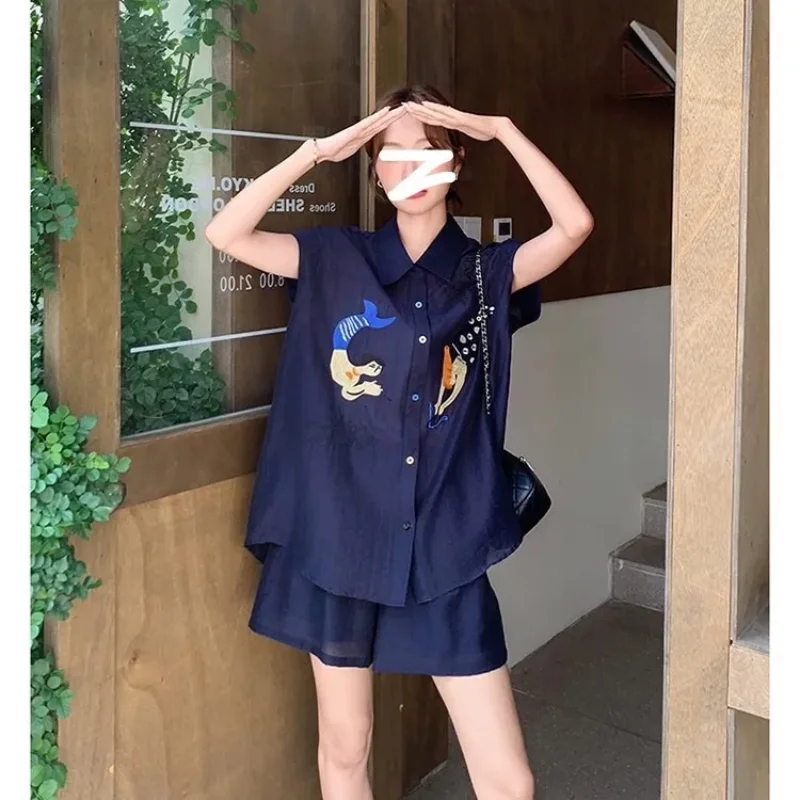 Women Navy Blue Short Sleeve Two-Piece Set Cartoon Print Blouse And Shorts For Daily Wear