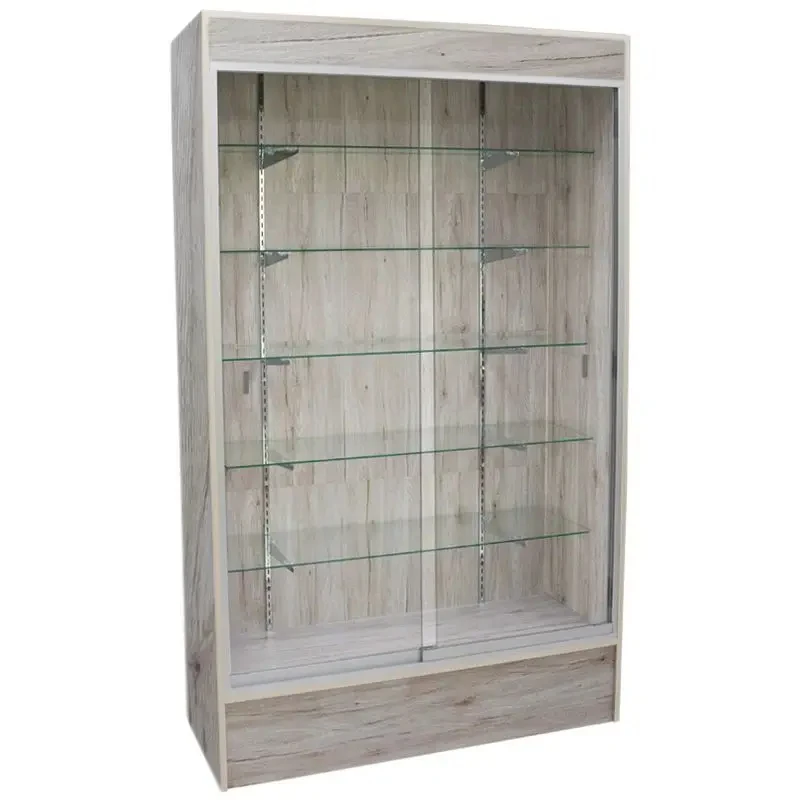 custom.Hot Selling Freestanding Retail Shop Display Wood and Tempered Glass Wall Showcase MDF Material