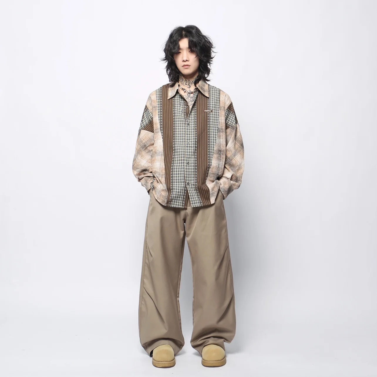 2025 Spring and Autumn New American Retro Wasteland Style Men's Coffee Color Patchwork Plaid Turn-Down Collar Long Sleeve Shirt