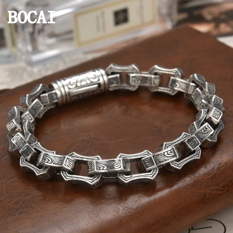 

BOCAI New S925 Sterling Silver Retro Personalized Design Water Wave Pattern Irregular Men's Bracelet Gift