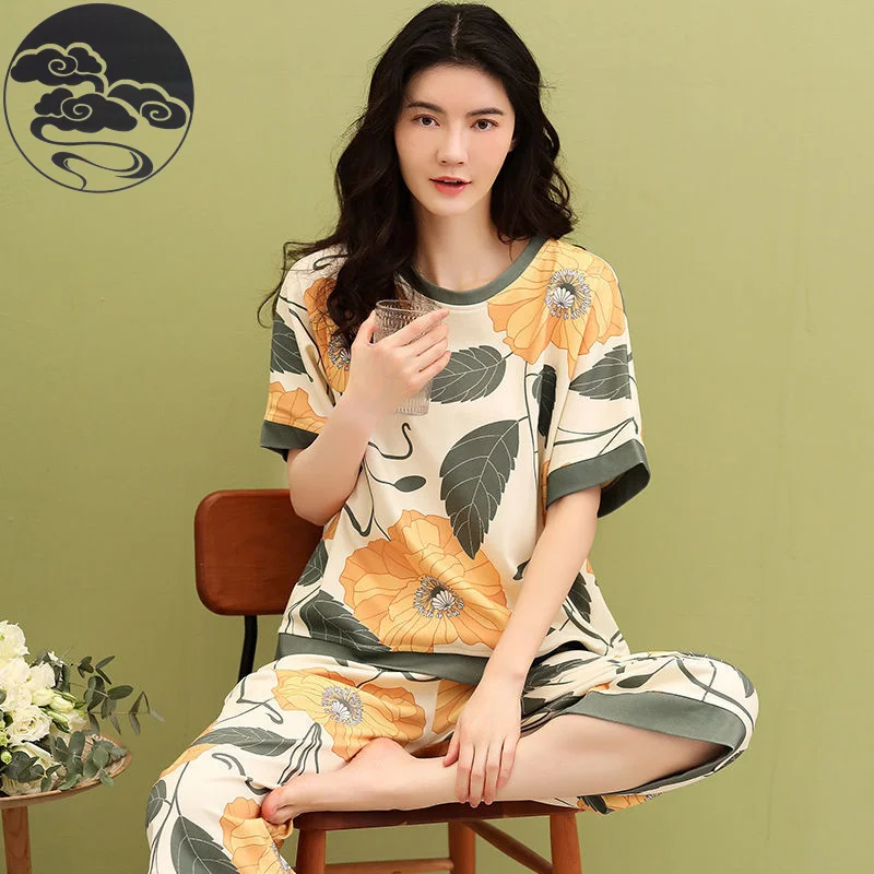 Summer Knitted Cotton Floral Pajamas Set Women Pyjamas Elegant Sleepwear Nightwear Pijama Mujer Plus Size Calf-Length Pants Home