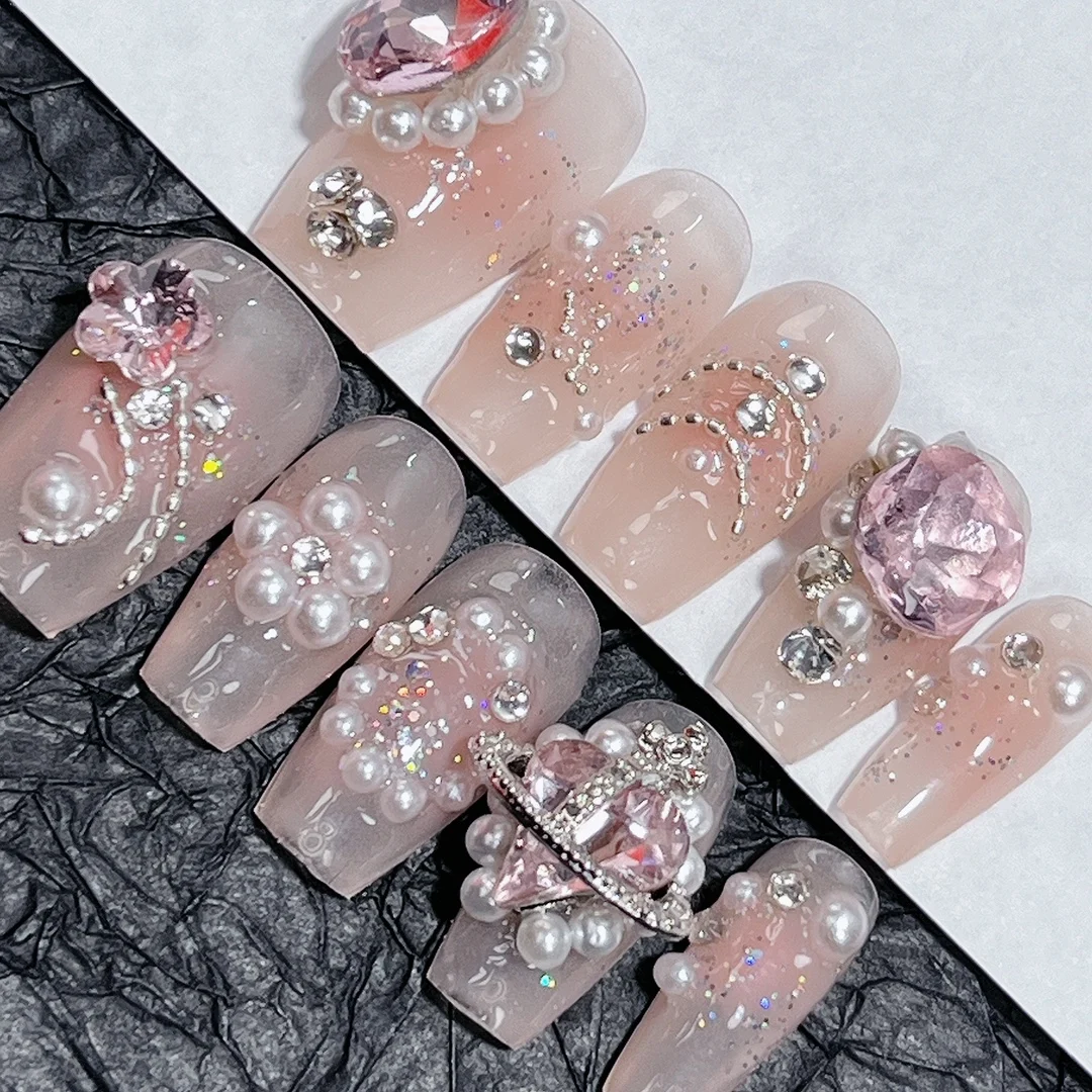 Emmabeauty Love Piercing Removable Reusable High Quality Handmade Press On Nails with Heart Effect and Romantic Style.No.24766