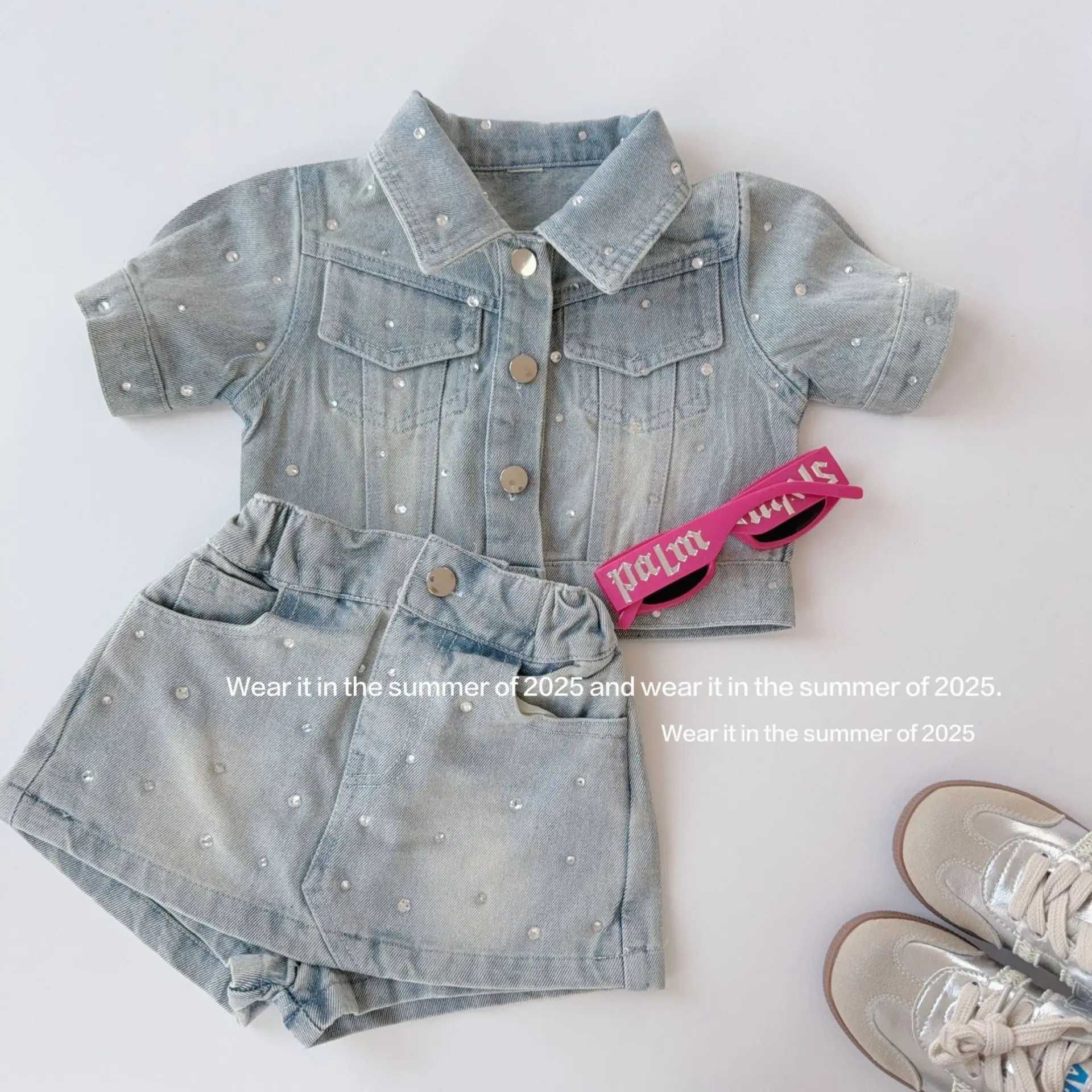 Girls Set 2026 Spring and Summer New Childrens Clothes Korean Style Baby Girl Retro Bright Diamond Denim Two-piece Set