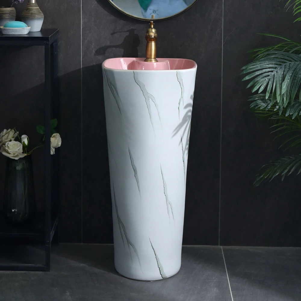 S*& White Marble Pattern Pedestal with Romantic Pink Wash Basin Free Standing Bathroom Sink Art Pedestal Sink Hand Wash Basin