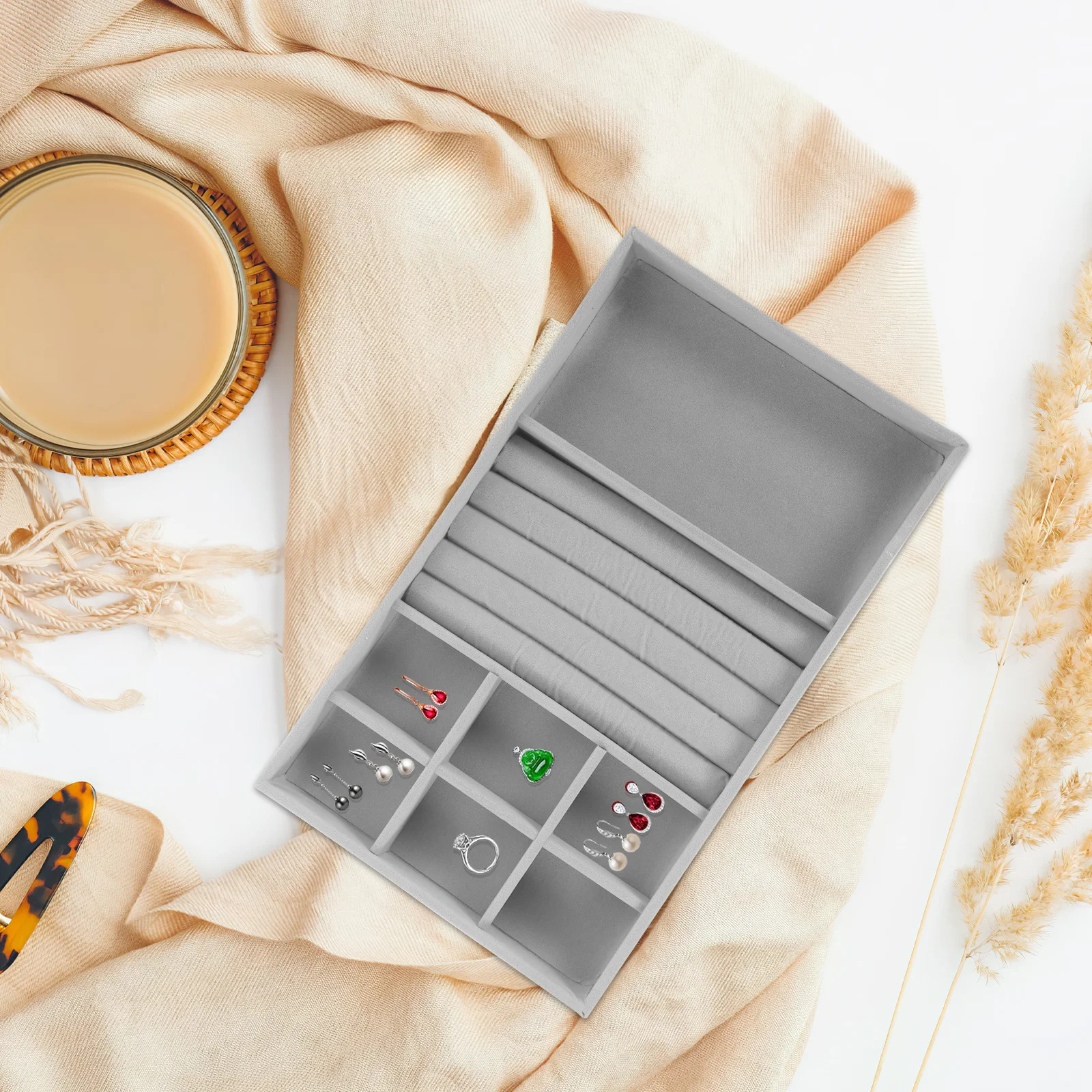 

1pc Jewelry Tray Fine Workmanship Flannel Lined Scratch Resistant Desktop Storage Organizer For Ring Earring Holder Decorative