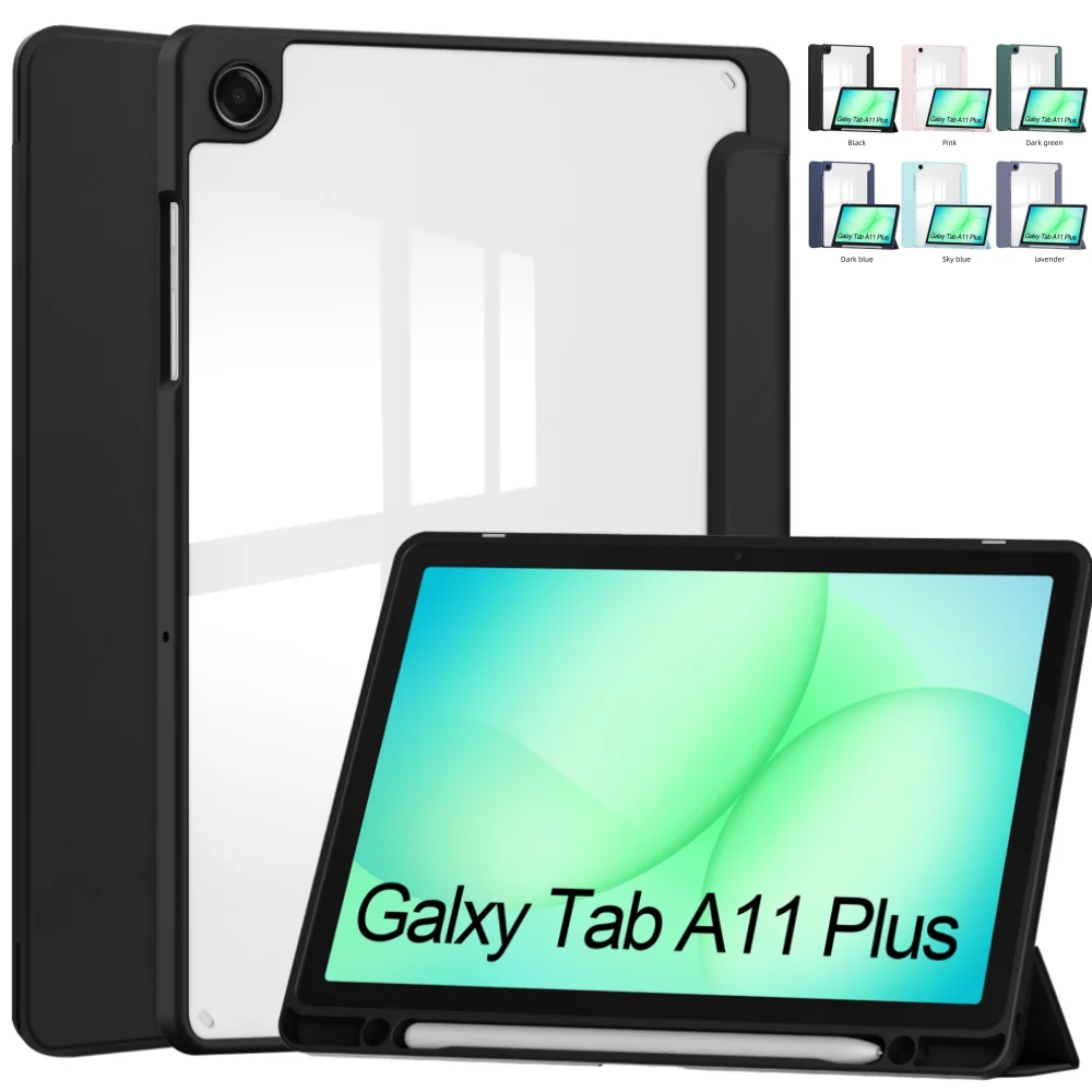 

Case for Samsung Galaxy Tab A11 Plus 11 inch A11+ SM-X230 SM-X236 2025 Acrylic Tri-Folding Flip Stand Tablet Cover with Pen Slot