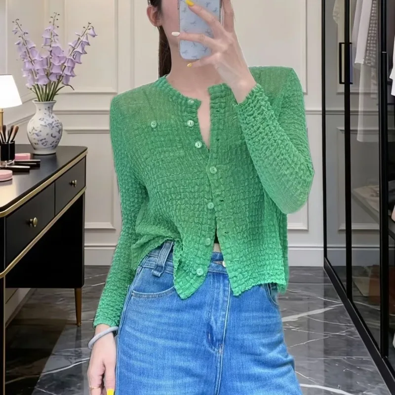 Pleated Jacket New Embroidered Gradient Long Sleeve Cardigan Casual Elegant Lightweight Transparent Stretch Women's Top
