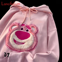 Pink Vintage Kawaii Cartoon Bear Hooded Hoodie Fall Autumn Indie 3D Embroidery Kangaroo Pocket Baggy Streetwear Sweatshirt Top