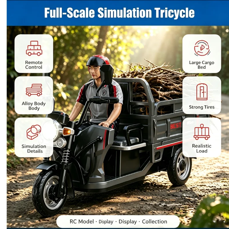 JJRC C8843 Full Scale Simulation Alloy Tricycle 2.4Ghz Remote Controlled Tricycle with Sound Effects and Light Effects Custom