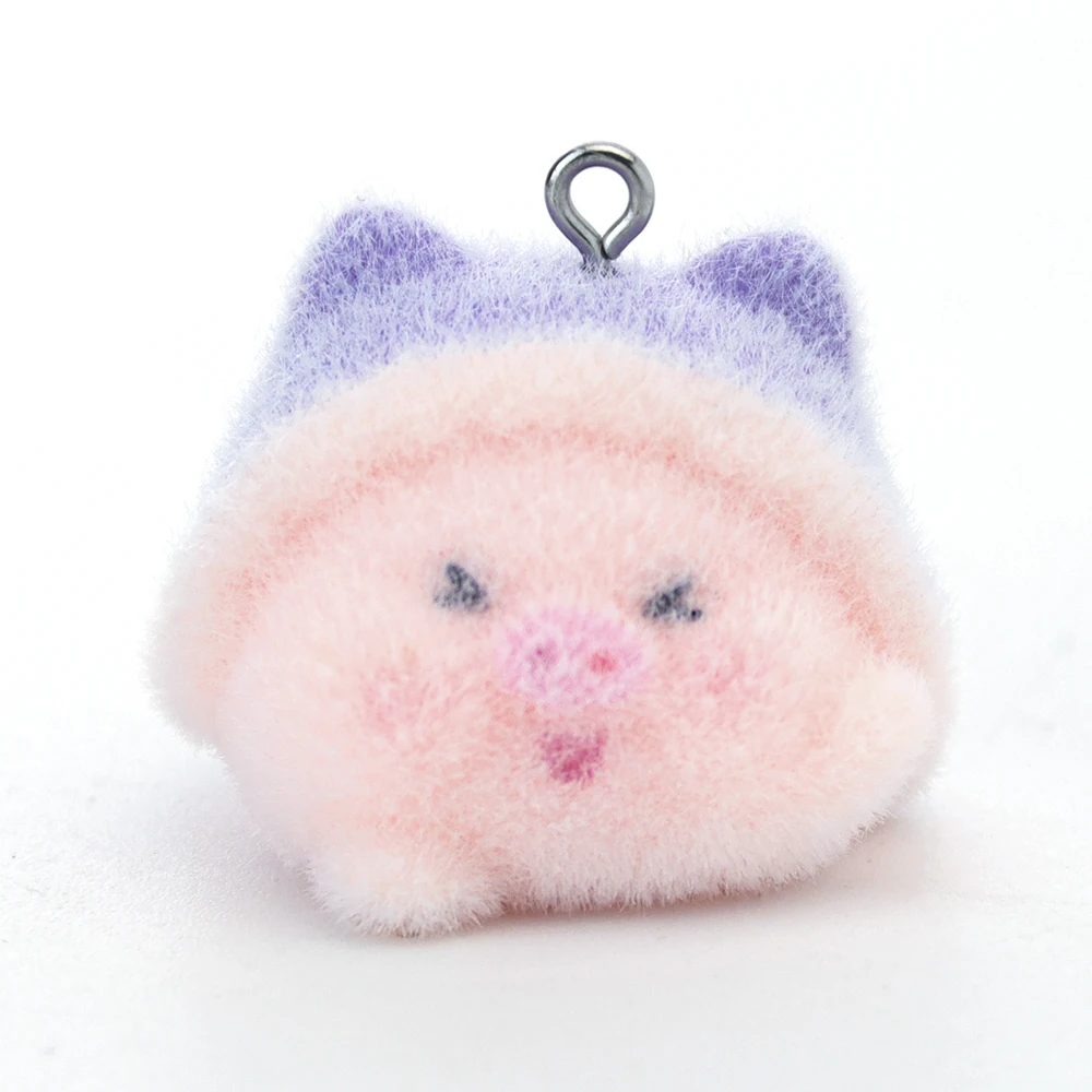 20 PCS 3D Flocking Pig in a Hat Charms Dolls Pendants  for Necklace Earrings Jewelry Making DIY Handmade Accessories Wholesale
