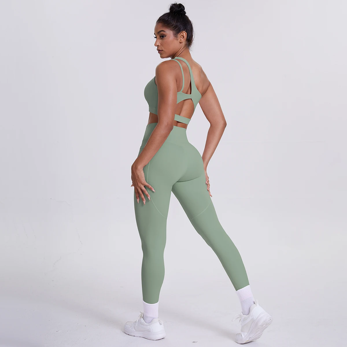 2-teiliges einfarbiges Sport-Yoga-Set für Damen, sexy, schräger Schulter-BH, Fitness-Top, Laufen, Radfahren, Taschen, Hosen, Fitnessstudio, Yoga-Set – Detail 17