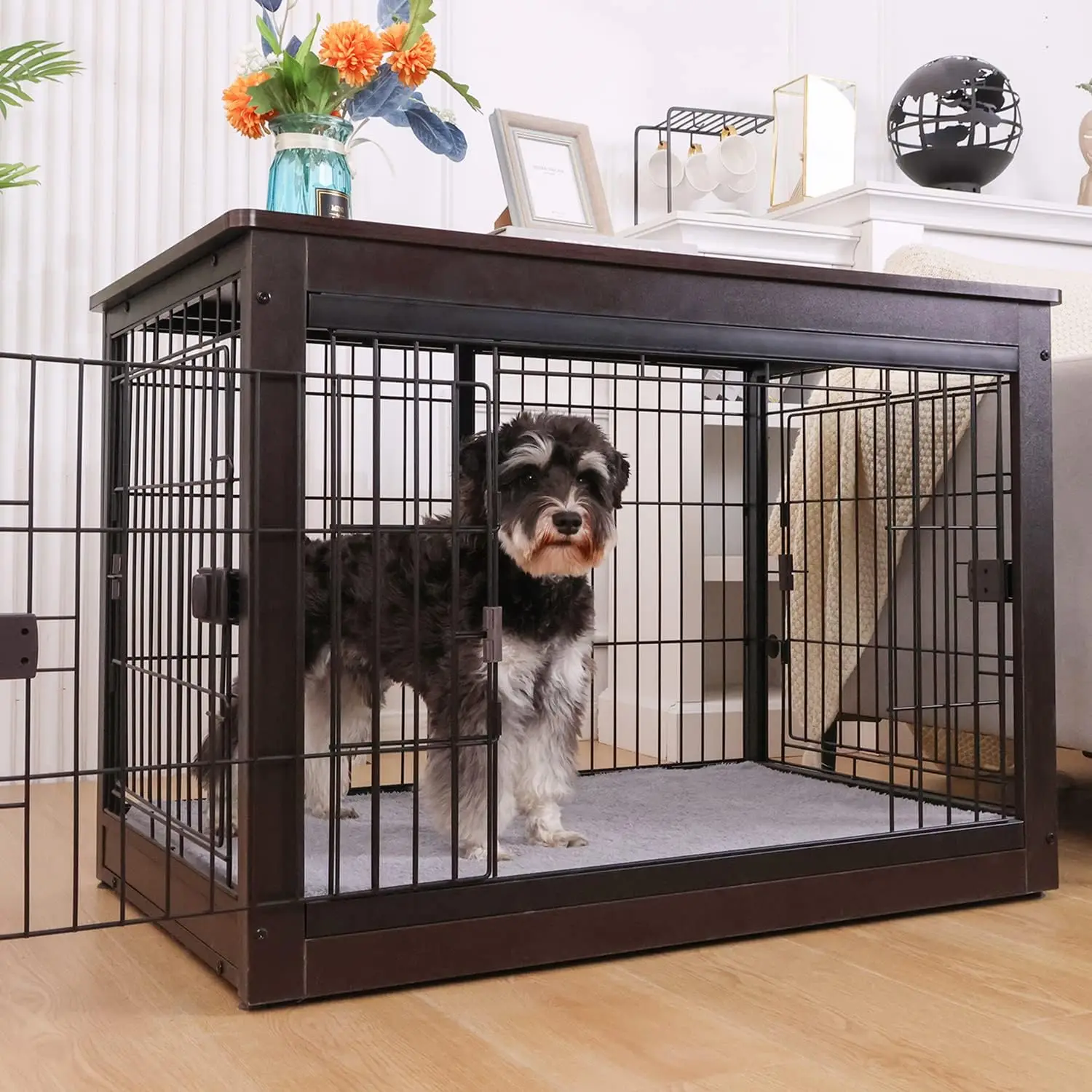 Dog Crate Furniture style for Small Medium Pets, Wooden dog cage table, Heavy Duty, and three direction doors