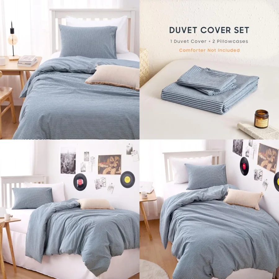 

Striped Cotton Duvet Cover Set, 100% Washed Cotton Textured Percale Bedding Set, Tic Stripe Pinstripe Farmhouse, 3 Pieces,,Size