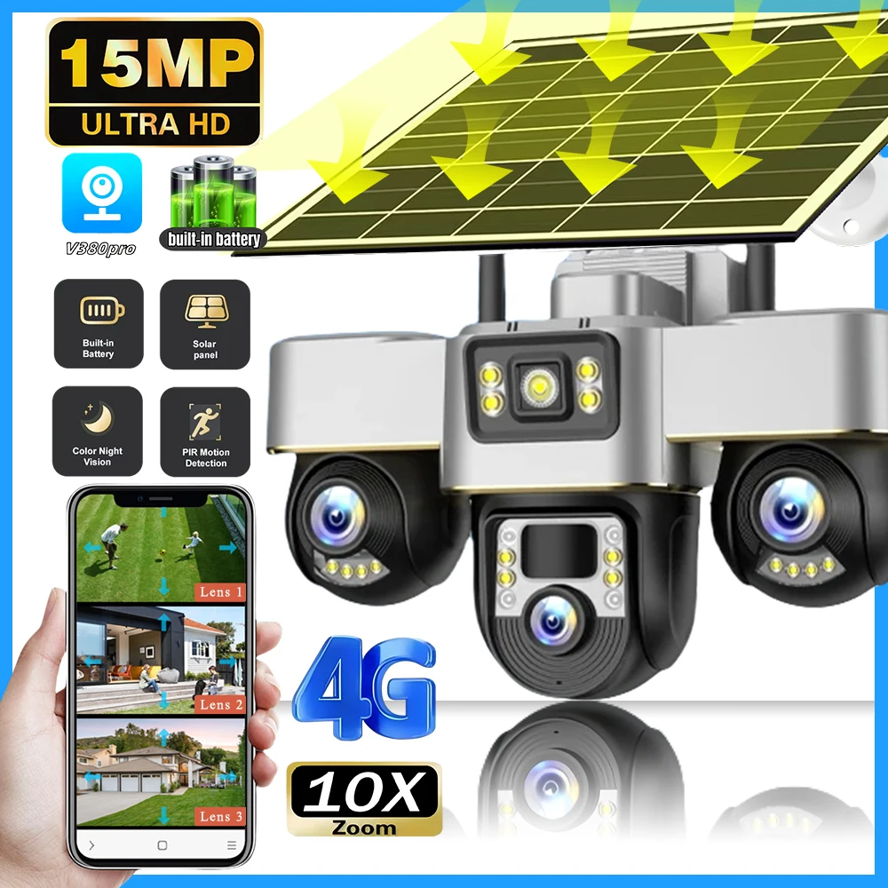 V380 PRO 4G Solar Camera Wirless IP CCTV Video Surveillance Cameras Outdoor 360 Monitor 15MP HD Night Vision Security Protection