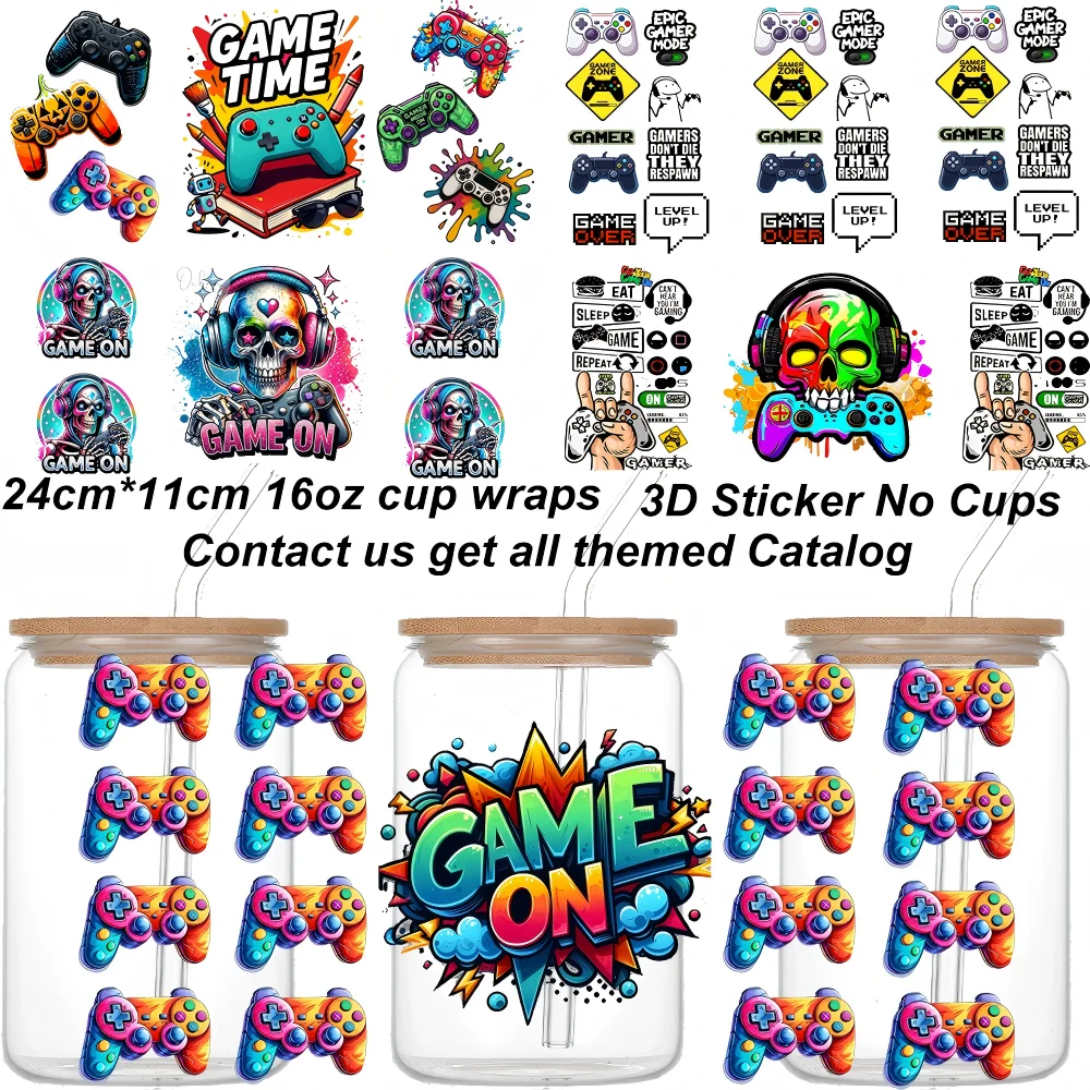 Novo design de jogador adesivo de transferência 3d copo envolve crânio imagem de jogador diy uv dtf para 16oz libbey cup vídeo game padrão decalque de vinil