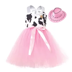 2024 New High Quality Costumes Girls Birthday Halloween Cowgirl Fancy Dress for Kids Baby Pink Cow Tutu Outfits Animal Clothes