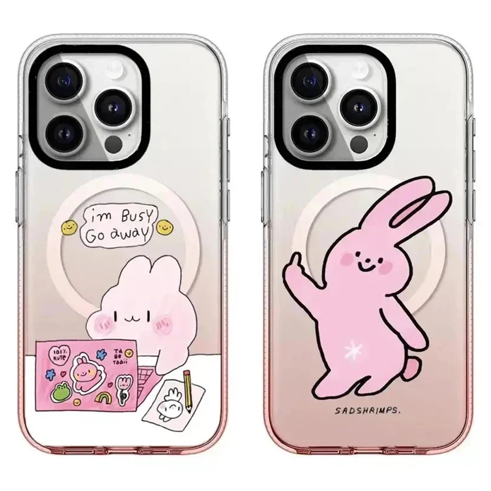 

Pink Gradient Transparent Border MagSafe Busy Rabbit Pattern iPhone 13 14 15 Pro Max Protective Case