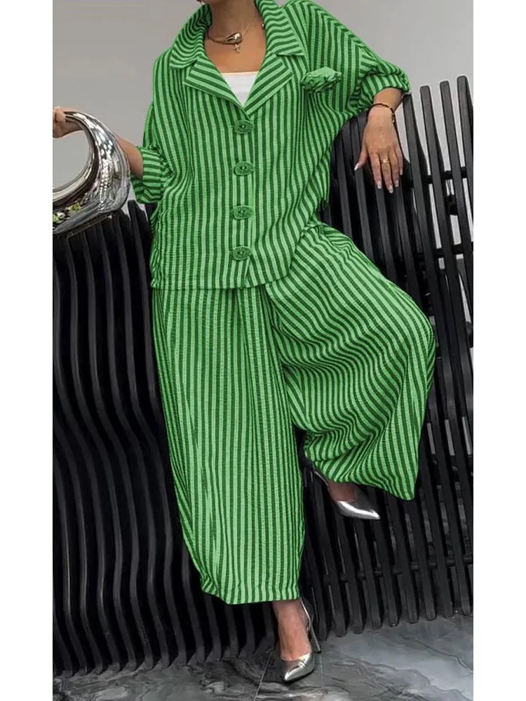 Women Fashion Lapel Wide Leg Pants Loose Sets 2024 Spring Autumn New Stripe Print 2PCS Casual Suits Office Simple Outfites