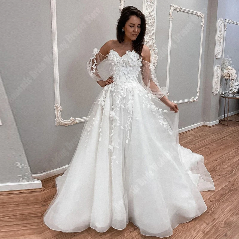 Gaun pernikahan wanita Bohemia elegan gaun pengantin Tulle Glitter gaun pengantin panjang pel bunga A Line Princess Vestidos De Novias 2024