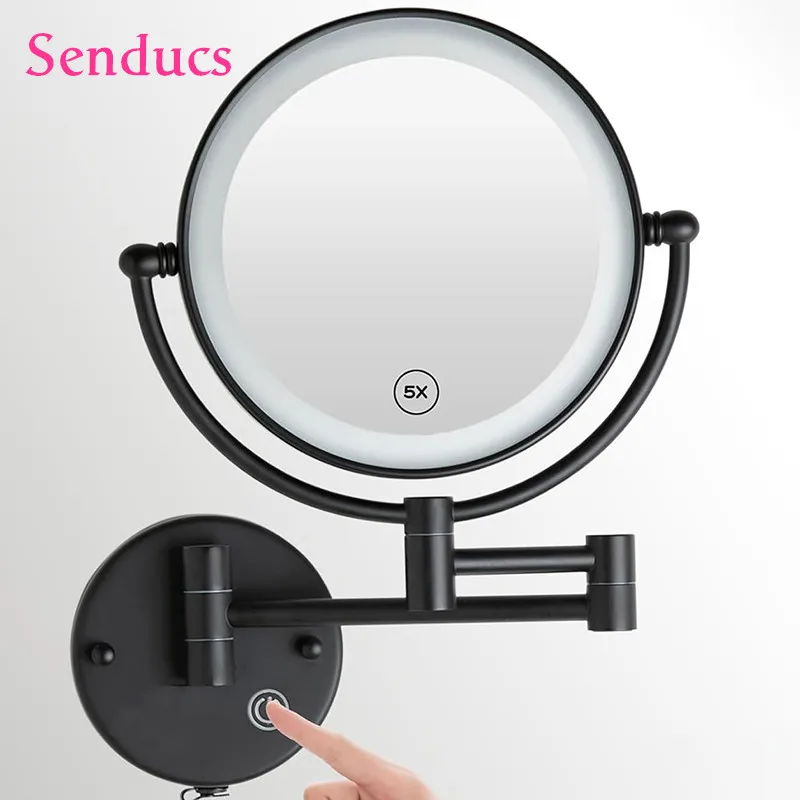 8 Inches Black  Folding Bathroom Mirror with Led Light 5X Magnifying  Makeup Mirror Accessories  Extending Foldable  Bath Mirror