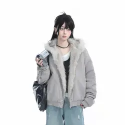 Y2K Fashion Niche Fur Collar Cotton Hooded Jacket Women Retro Streetwear Loose Plus Velvet Warm Harajuku Casual Plush Jacket