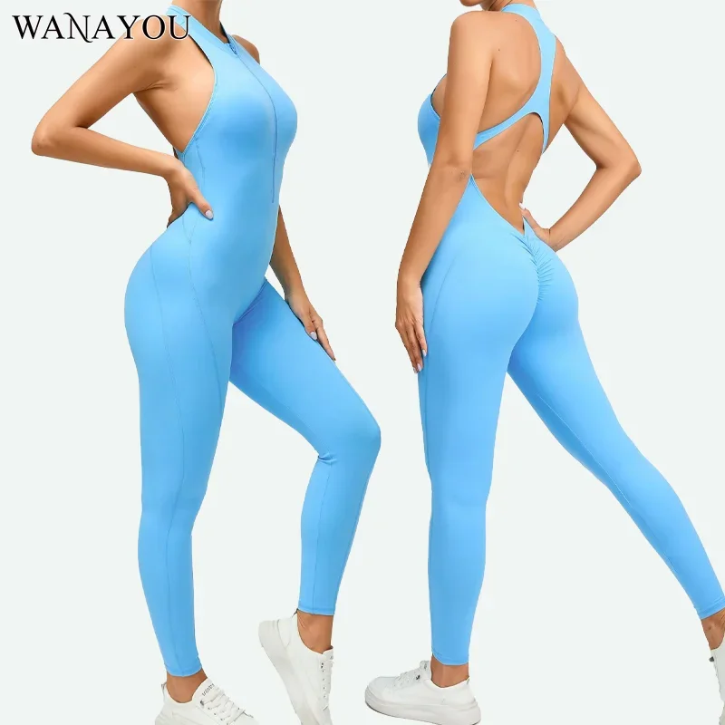 

WANAYOU One Piece Racer Back Women Yoga Pant Set Padded Sports Legging Jumpsuit Front Zip Gym Fitness Tracksuit Workout Bodysuit