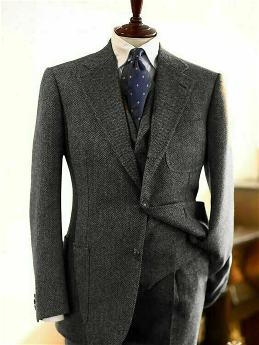 3 Pieces Regular Brown Mens Suits Slim Fit Herringbone Tweed Wool Blend Check Wedding Tuxedos Classic Trajes De Hombre Blazer