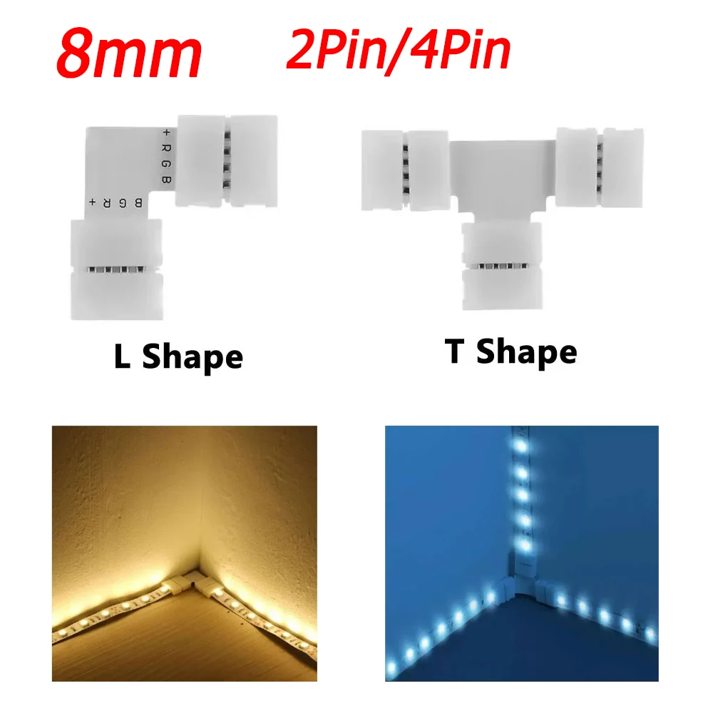 5PCS L Shape LED Connectors 8MM T Type Solderless LED Strip Connector 2pin 4pin Unwired Gapless Terminal for 5050 2835 SMD RGB