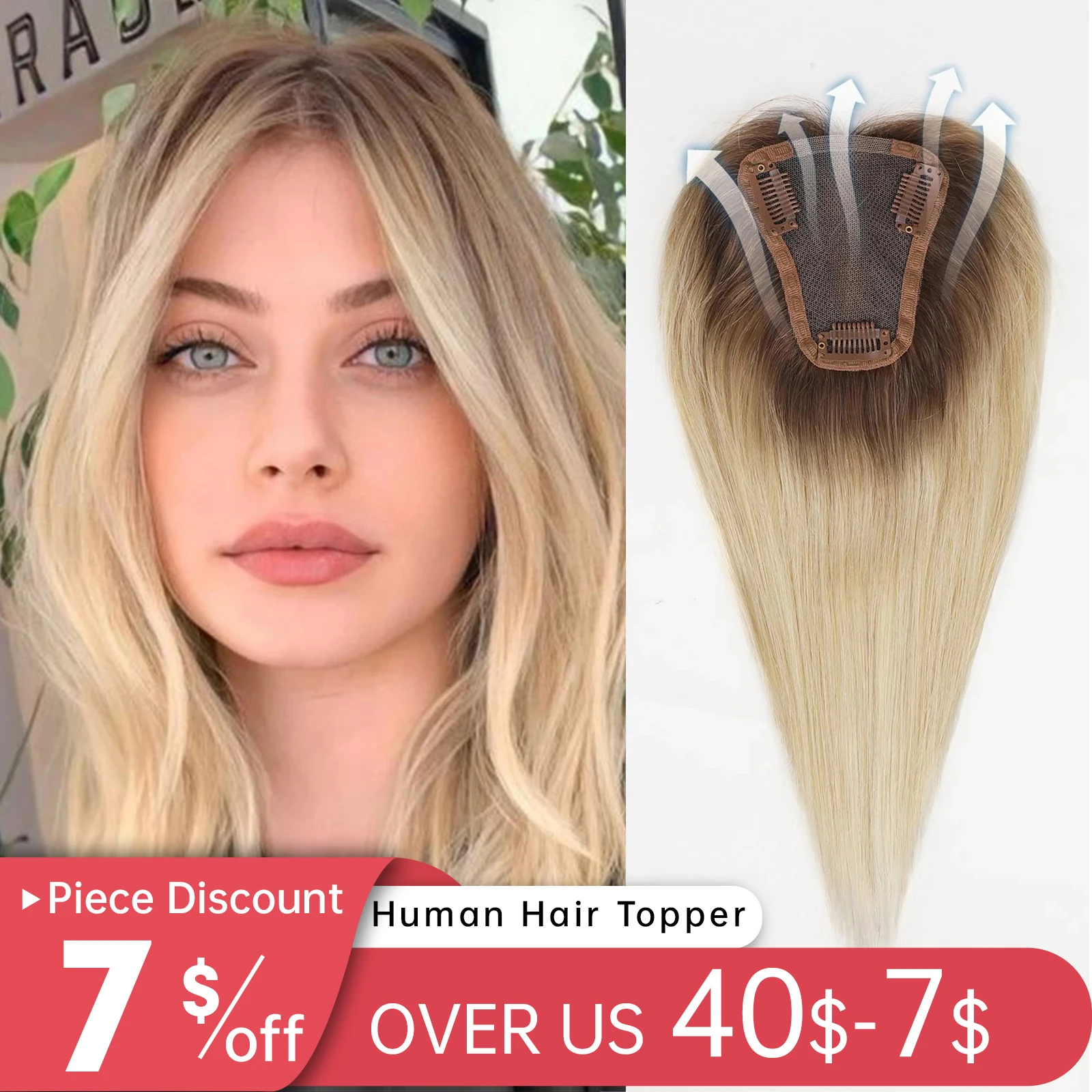 

Ombre Blonde Human Hair Toppers for Women with Thinning Hair Human Toupee Hairs Pieces Silk Base Clip in Toppers Middle Part