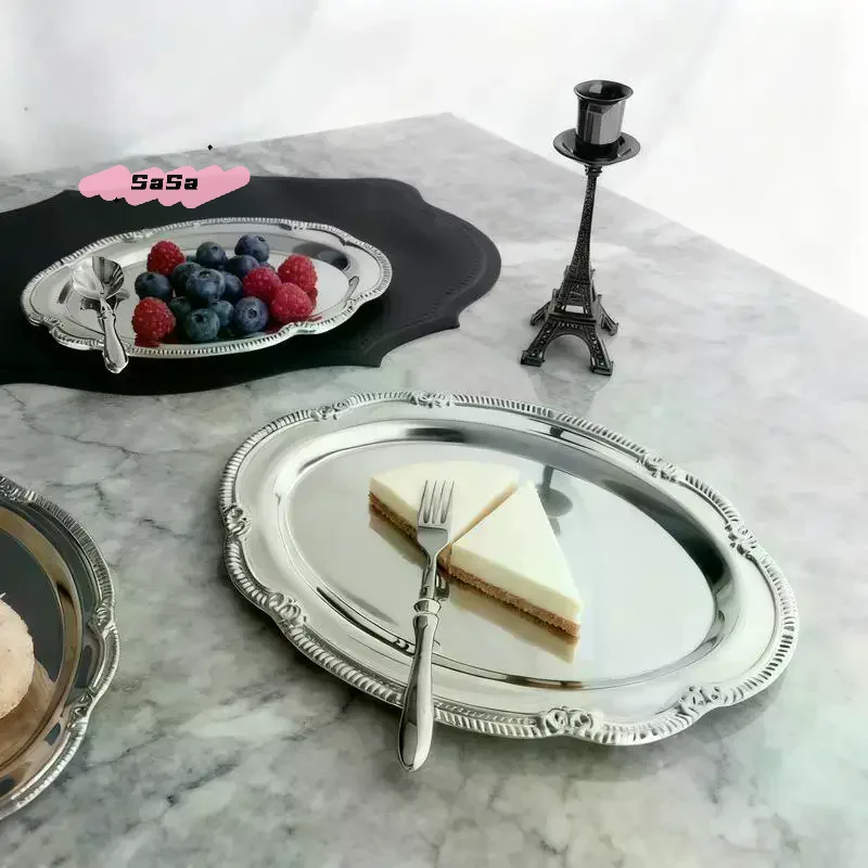 S-Vintage geprägtes silbernes Tablett, Servierplatte für Desserts, Schmuckaufbewahrung, Organizer, Snackteller, Esstischdekoration