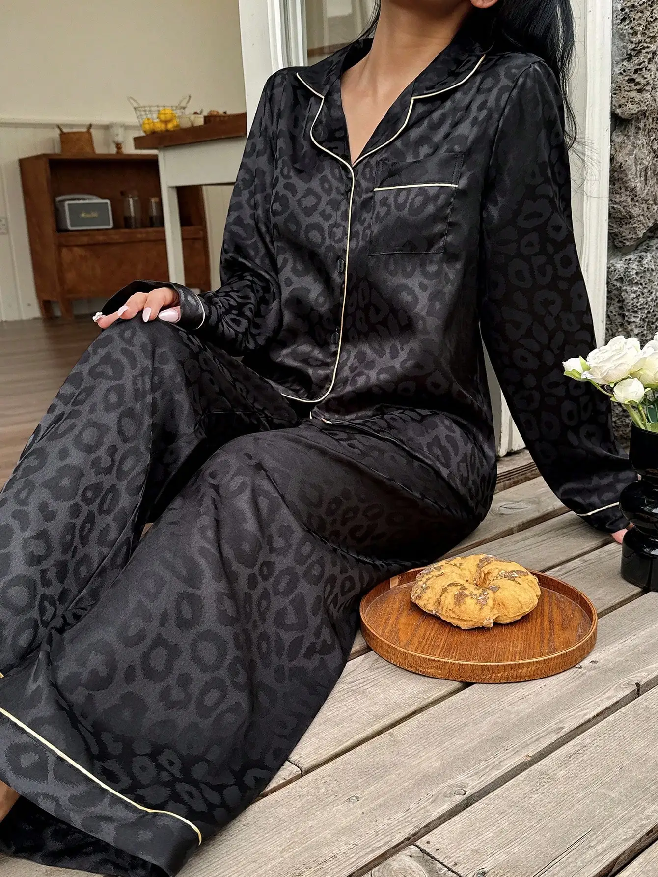 

Black Leopard Print Satin Pajama Set with Contrast Trim, Long Sleeve Top & Wide Leg Pants