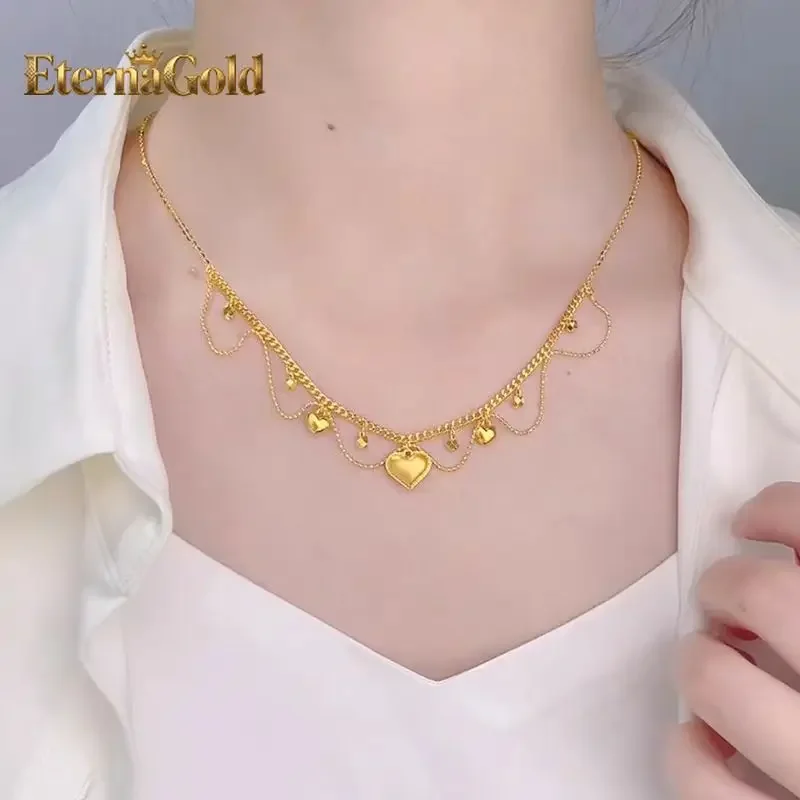

EternaGold 24K real gold high class lace drop necklace Silk tassel set chain 999 gold clavicle chain hollow pendant for girlfri