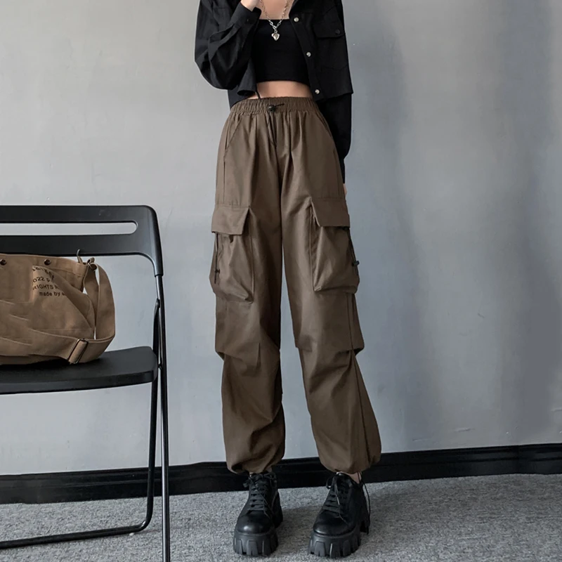 Gidyq High Waist Women Cargo Pants American Style Fashion Folds Loose Wide Leg Pants Casual Streetwear Female Trousers New