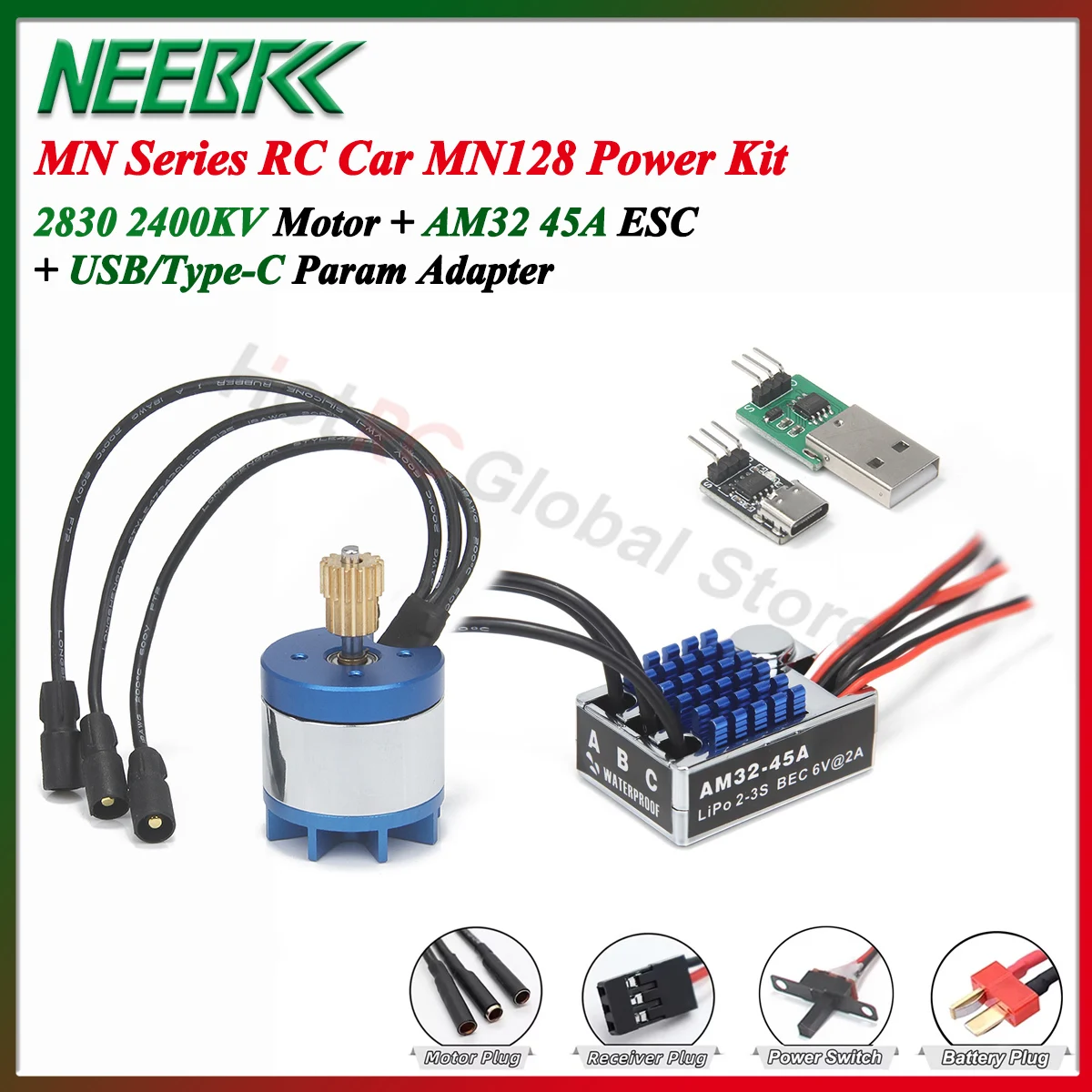 

NEEBRC 2830 2400KV Outrunner Brushless Motor AM32 45A ESC USB/Type-C Param Adapter for 1/12 RC Crawler MN128 Wltoys Power Kit