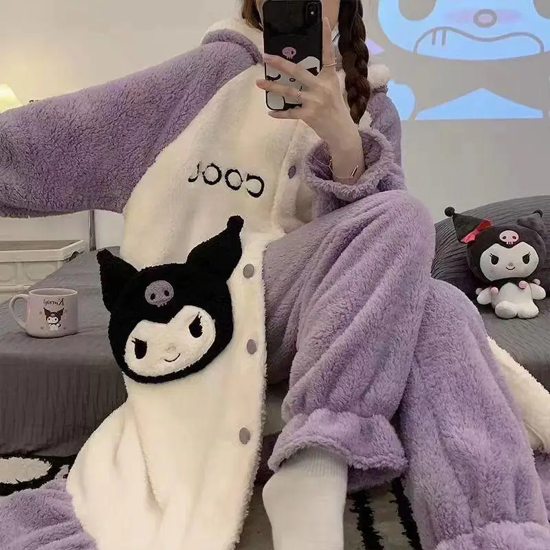 Cartoon Kuromi Coral Fleece Plus Velvet Thicken Nightgown Loungewear Girly Kawaii Winter Outdoor Long Style Hooded Home Clothes