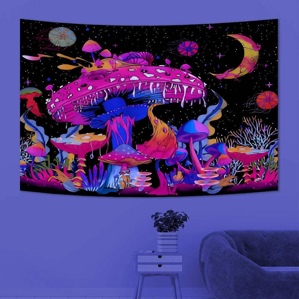 1pcFluorescent colored mushroom tapestry, ultraviolet black light natural plant forest moon flower mysterious night sky tapestry